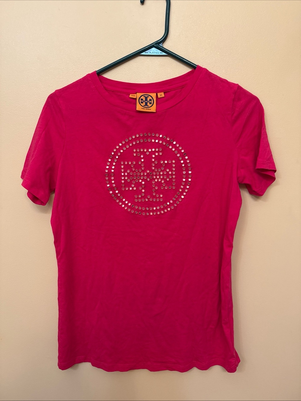 Tory Burch Hot Pink Short-Sleeve Logo Tee with Studs